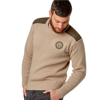 Pull col rond chasse homme jersey 30% laine beige M Bartavel P60 patch bécasse